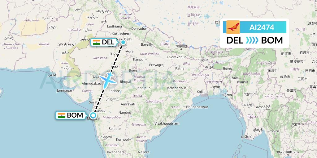 AI2474 Air India Flight Map: Delhi to Mumbai