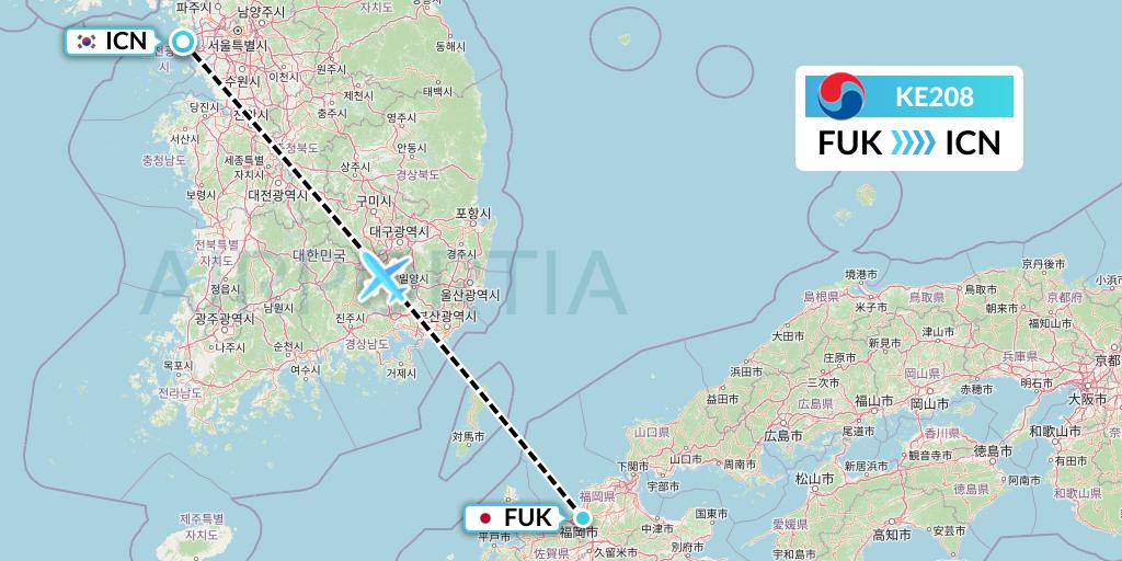 KE208 Korean Air Flight Map: Fukuoka to Seoul