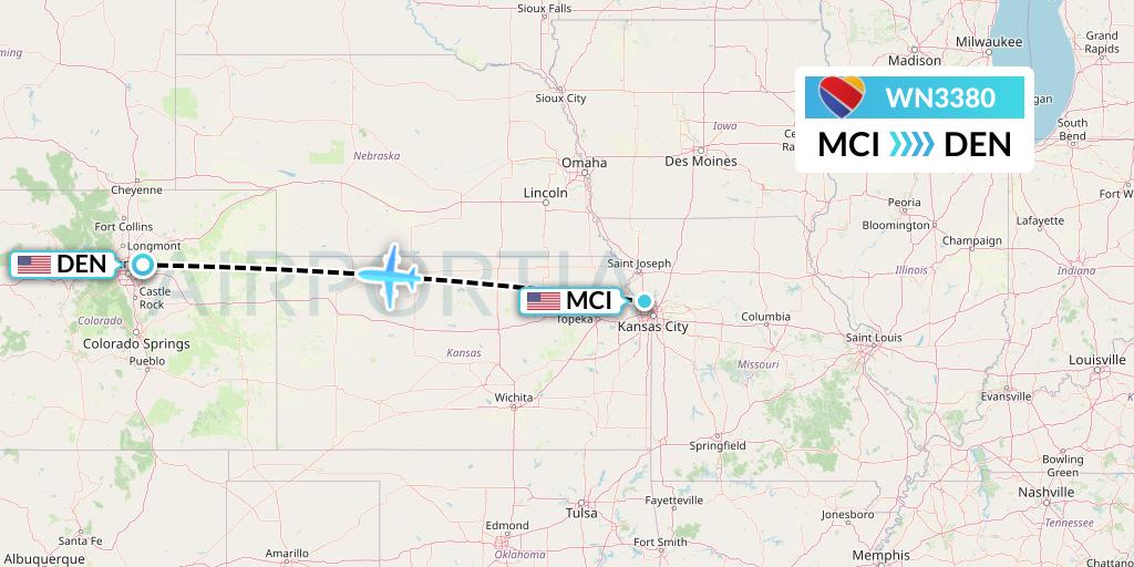 WN3380 Southwest Airlines Flight Map: Kansas City to Denver