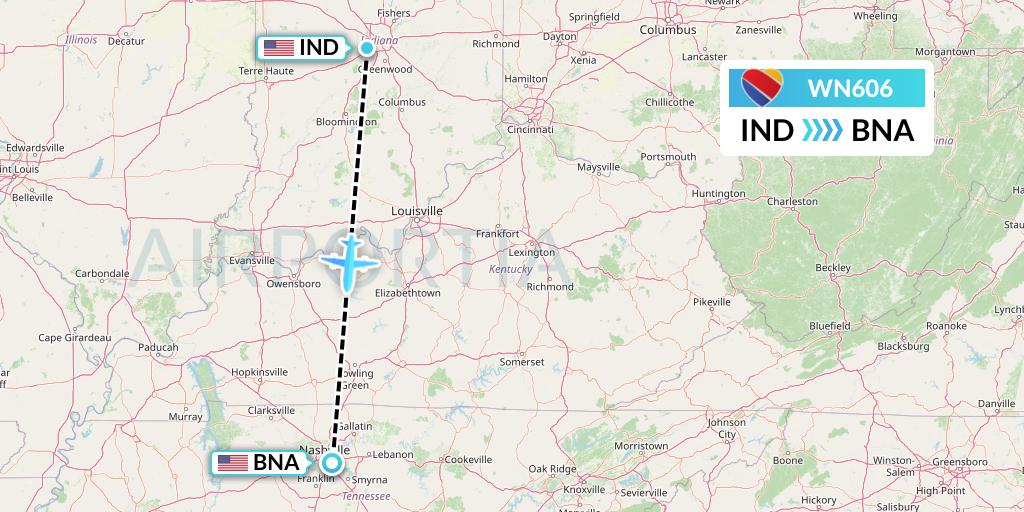 WN606 Southwest Airlines Flight Map: Indianapolis to Nashville
