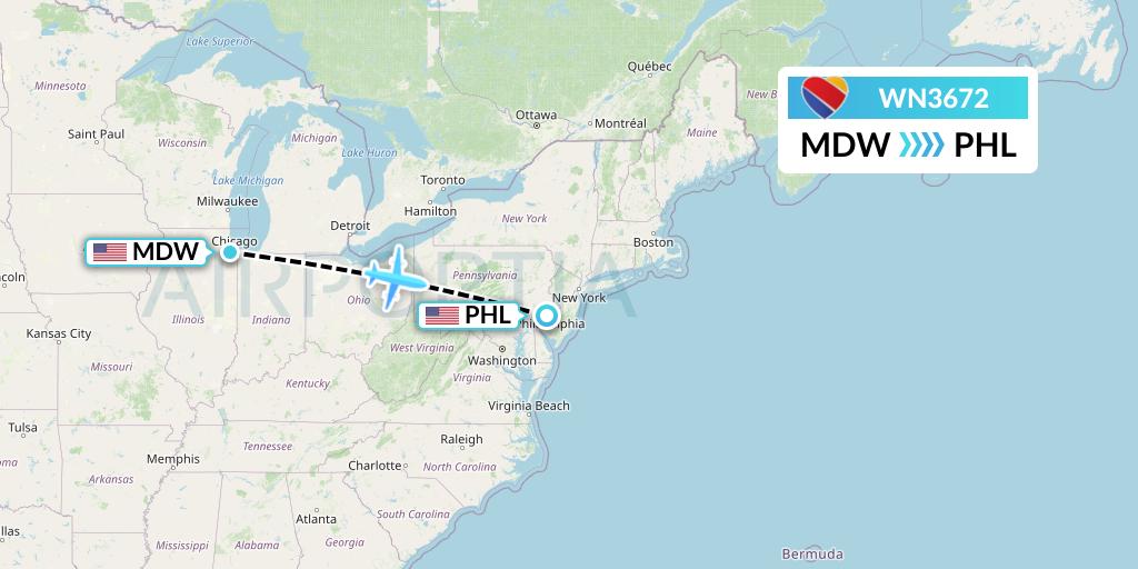 WN3672 Southwest Airlines Flight Map: Chicago to Philadelphia