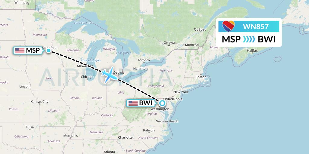 WN857 Southwest Airlines Flight Map: Minneapolis to Baltimore