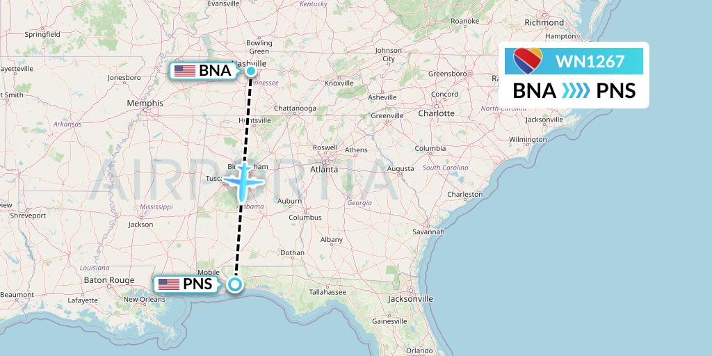 WN1267 Southwest Airlines Flight Map: Nashville to Pensacola