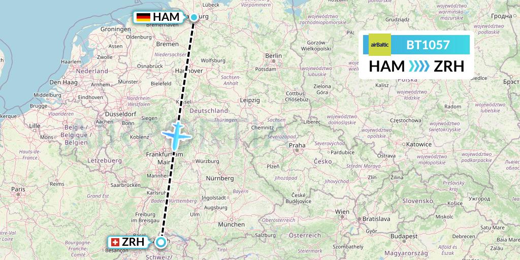 BT1057 Air Baltic Flight Map: Hamburg to Zurich