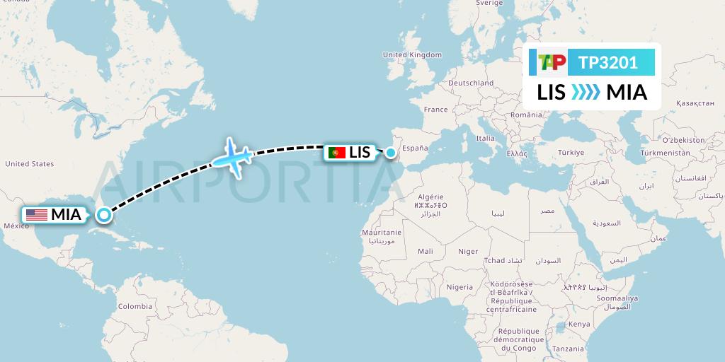 TP3201 TAP Portugal Flight Map: Lisbon to Miami