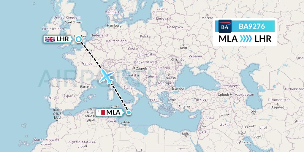 BA9276 British Airways Flight Map: Malta to London
