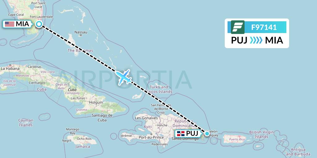 F97141 Frontier Airlines Flight Map: Punta Cana to Miami