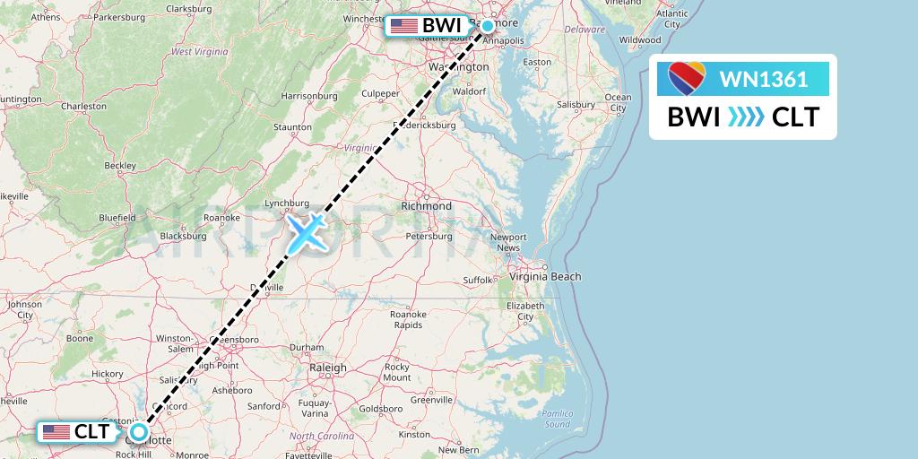 WN1361 Southwest Airlines Flight Map: Baltimore to Charlotte