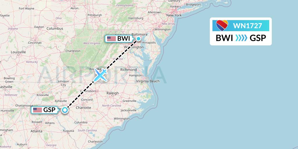 WN1727 Southwest Airlines Flight Map: Baltimore to Greenville-Spartanburg