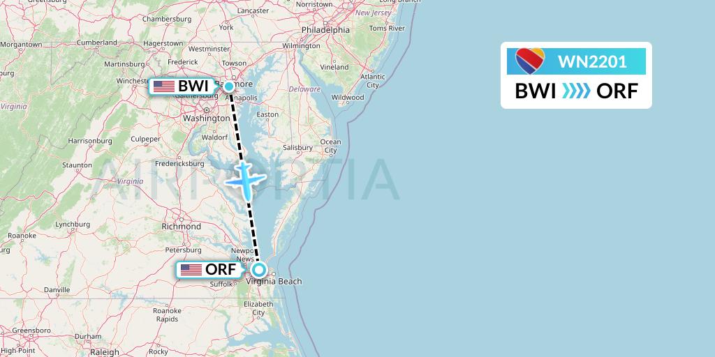 WN2201 Southwest Airlines Flight Map: Baltimore to Norfolk