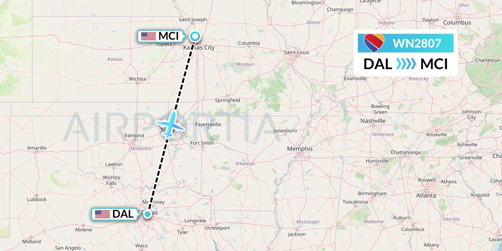WN2807 Southwest Airlines Flight Map: Dallas to Kansas City