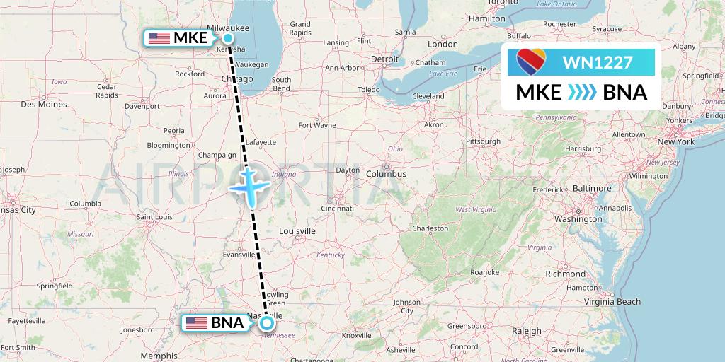 WN1227 Southwest Airlines Flight Map: Milwaukee to Nashville