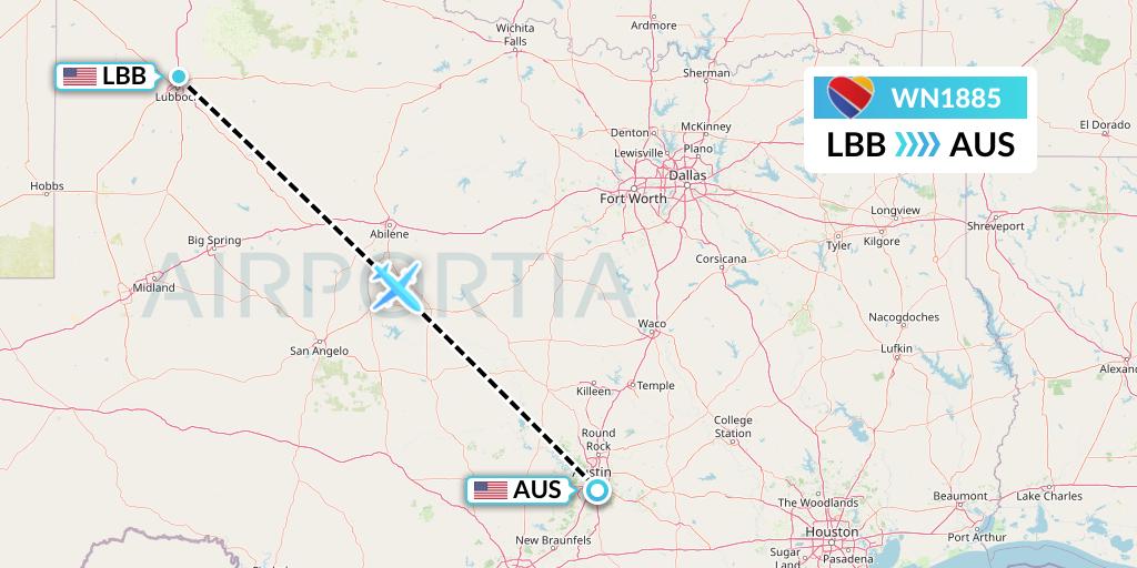 WN1885 Southwest Airlines Flight Map: Lubbock to Austin
