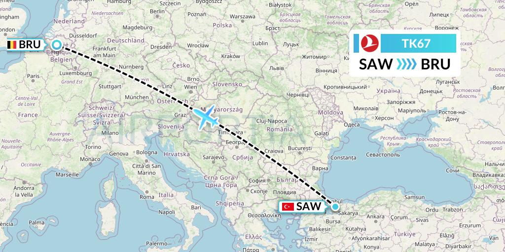 TK67 Turkish Airlines Flight Map: Istanbul to Brussels