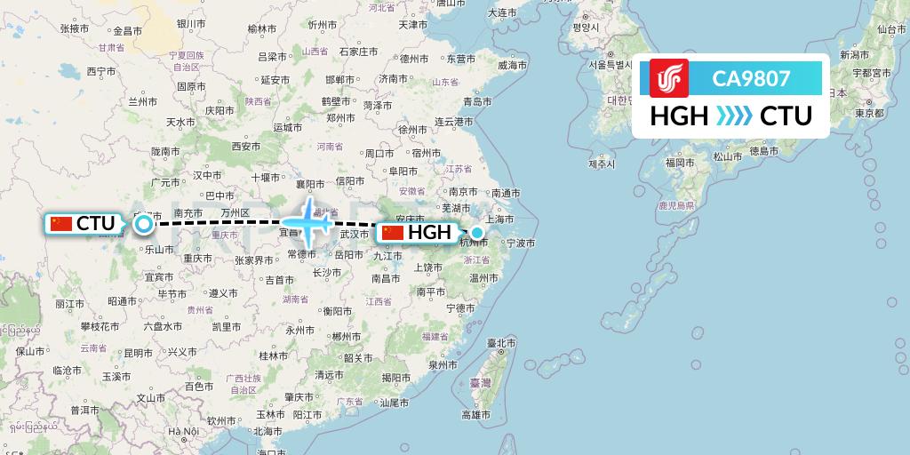 CA9807 Air China Flight Map: Hangzhou to Chengdu