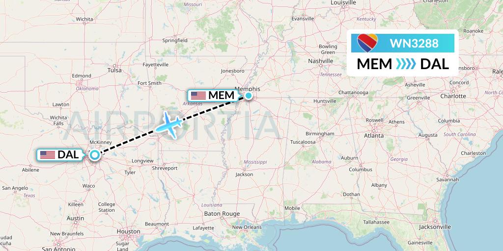 WN3288 Southwest Airlines Flight Map: Memphis to Dallas