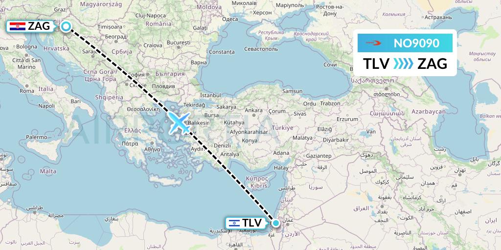 NO9090 Neos Flight Map: Tel Aviv to Zagreb