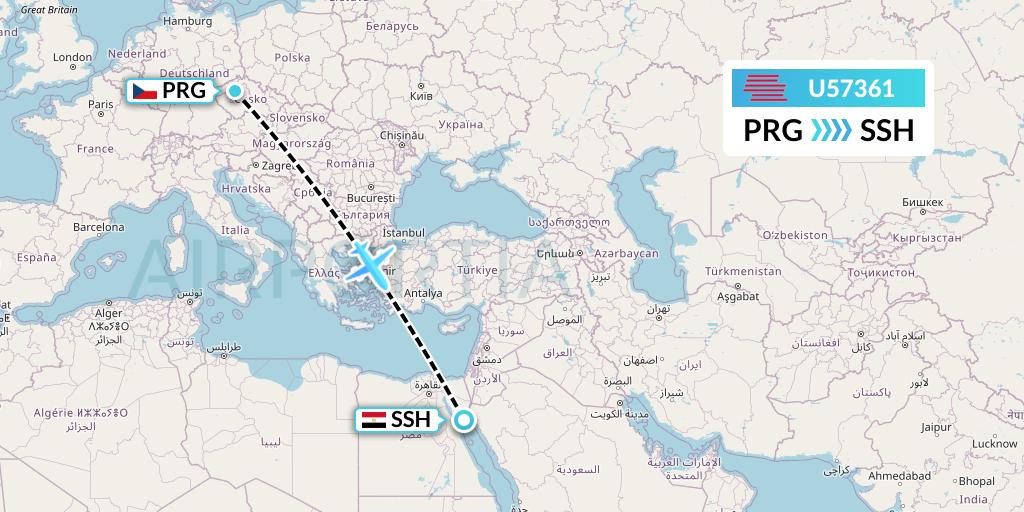 U57361 Karinou Airlines Flight Map: Prague to Sharm el-Sheikh