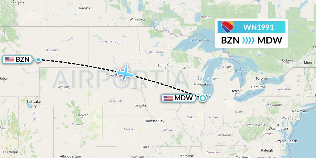 WN1991 Southwest Airlines Flight Map: Bozeman to Chicago