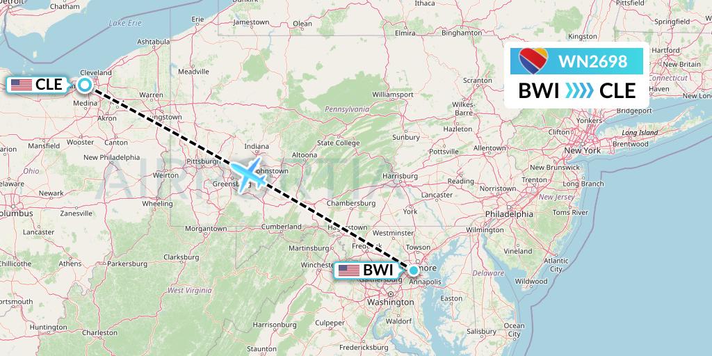 WN2698 Southwest Airlines Flight Map: Baltimore to Cleveland