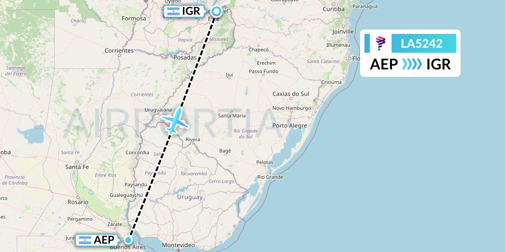 LA5242 LAN Airlines Flight Map: Buenos Aires to Puerto Iguazu