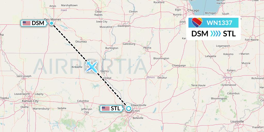 WN1337 Southwest Airlines Flight Map: Des Moines to St. Louis