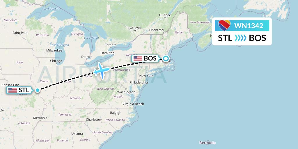 WN1342 Southwest Airlines Flight Map: St. Louis to Boston