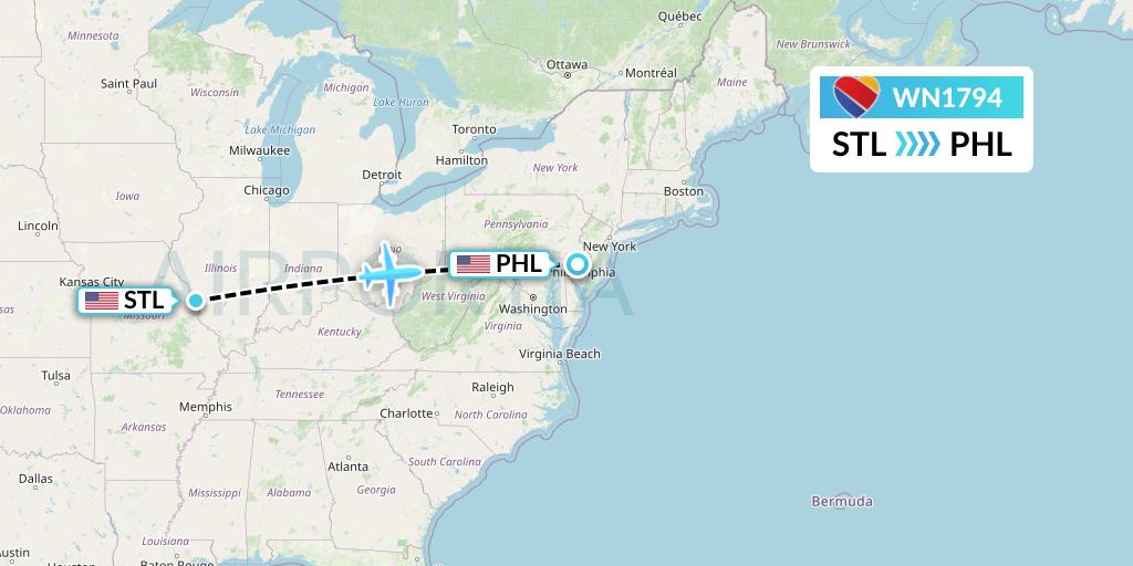 WN1794 Southwest Airlines Flight Map: St. Louis to Philadelphia
