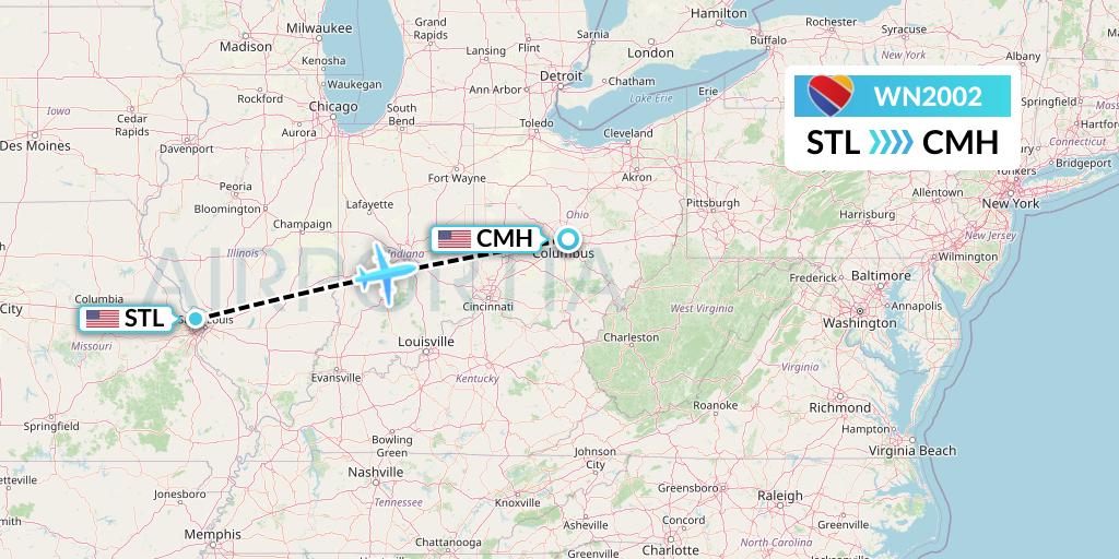 WN2002 Southwest Airlines Flight Map: St. Louis to Columbus
