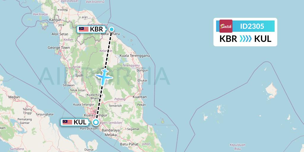 ID2305 Batik Air Flight Map: Kota Bharu to Kuala Lumpur