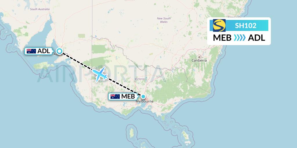 SH102 Sharp Airlines Flight Map: Essendon to Adelaide