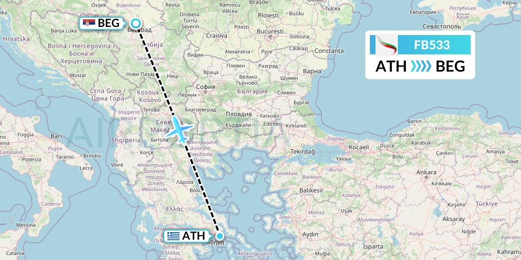 FB533 Bulgaria Air Flight Map: Athens to Belgrade