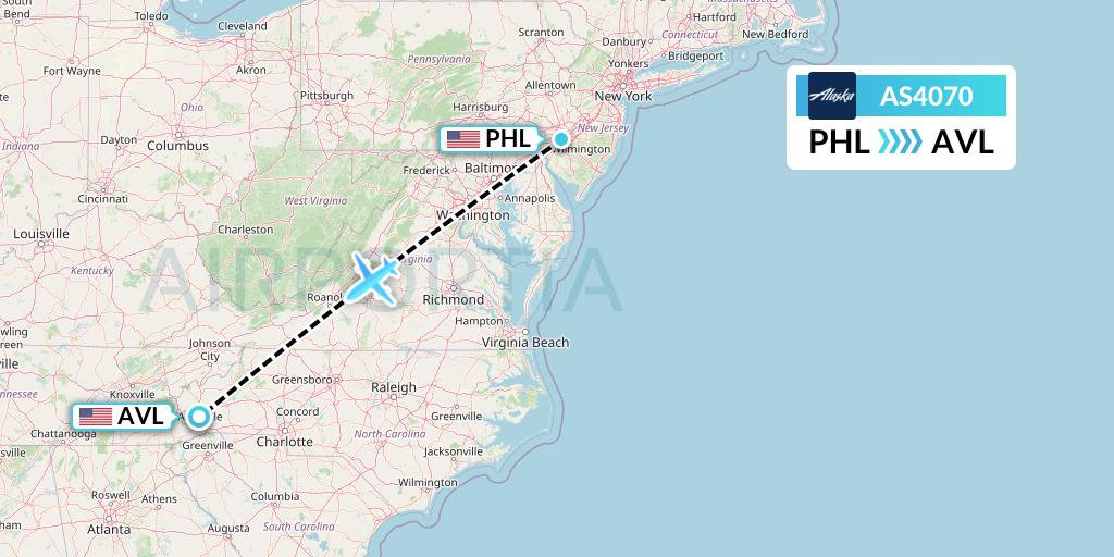 AS4070 Alaska Airlines Flight Map: Philadelphia to Asheville