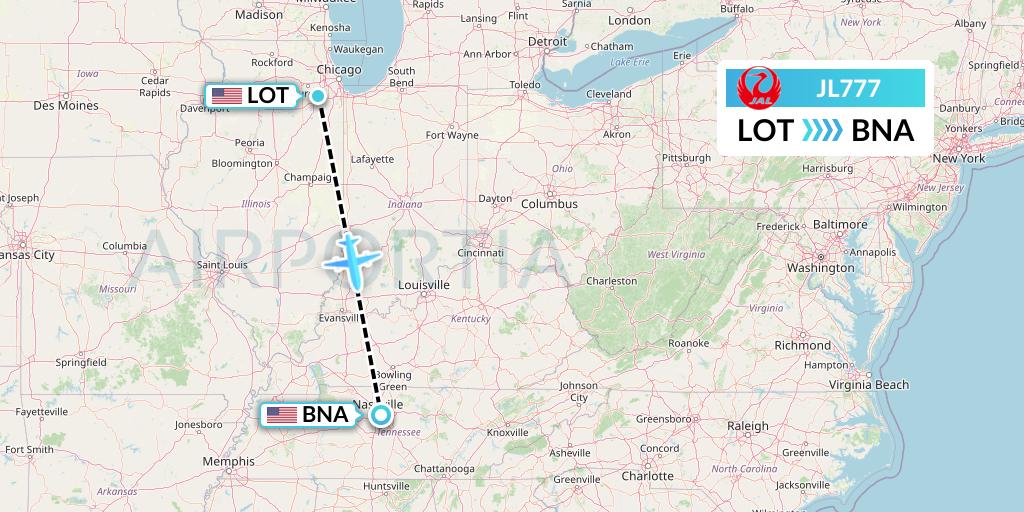 JL777 Japan Airlines Flight Map: Romeoville to Nashville