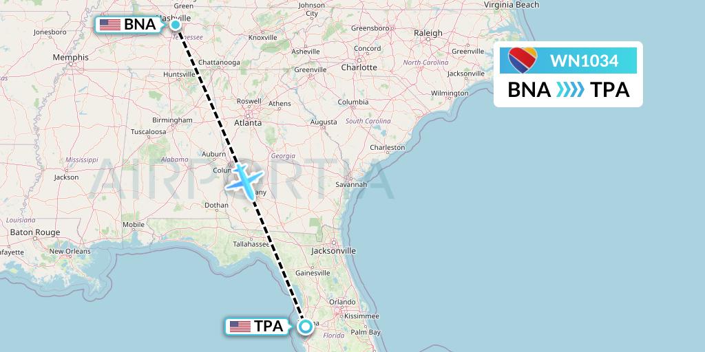 WN1034 Southwest Airlines Flight Map: Nashville to Tampa