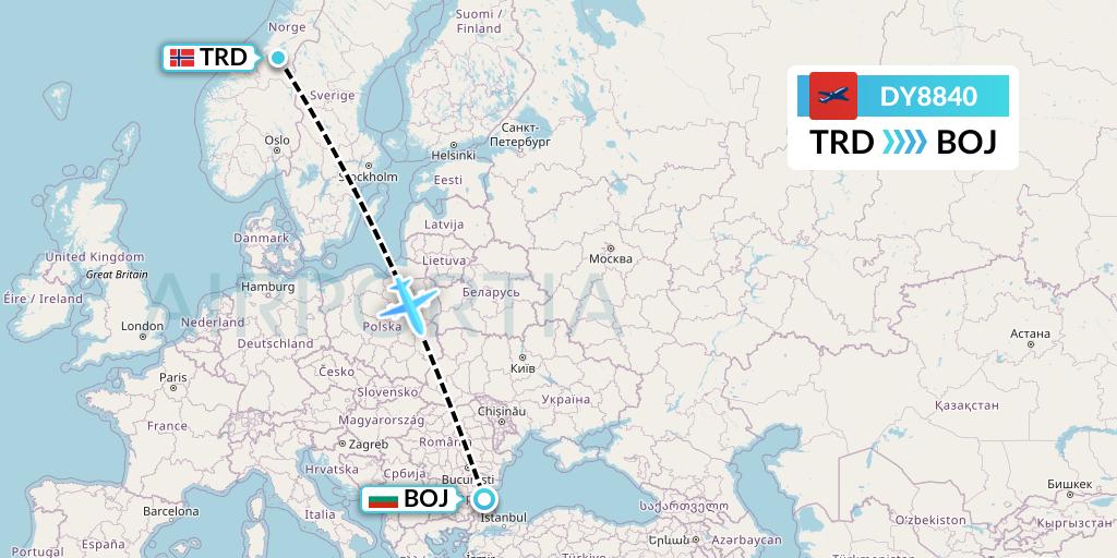 DY8840 Norwegian Flight Map: Trondheim to Burgas