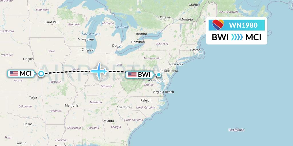 WN1980 Southwest Airlines Flight Map: Baltimore to Kansas City