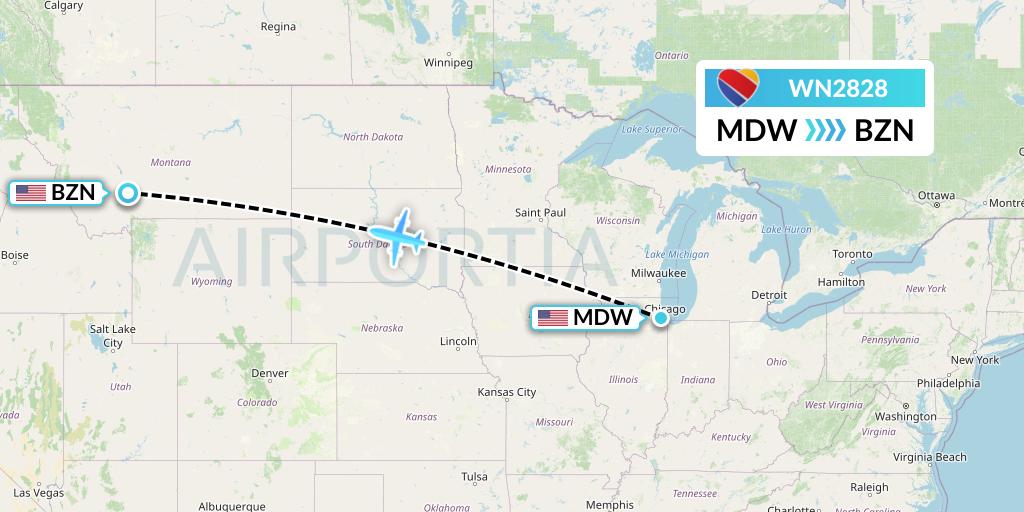 WN2828 Southwest Airlines Flight Map: Chicago to Bozeman
