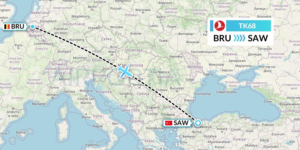 TK68 Turkish Airlines Flight Map: Brussels to Istanbul