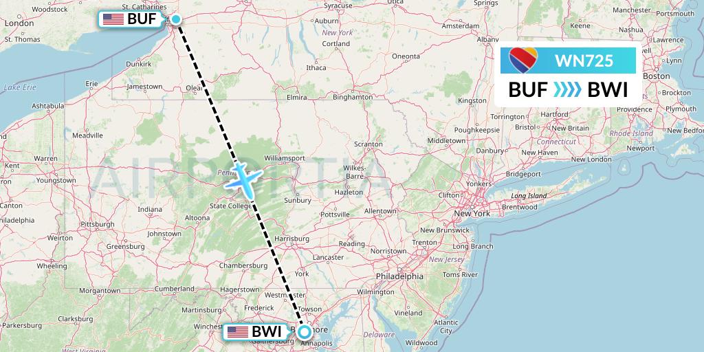 WN725 Southwest Airlines Flight Map: Buffalo to Baltimore