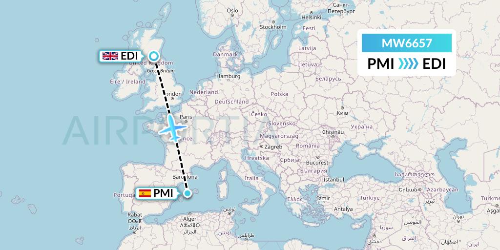 MW6657 Mokulele Flight Service Flight Map: Palma de Mallorca to Edinburgh