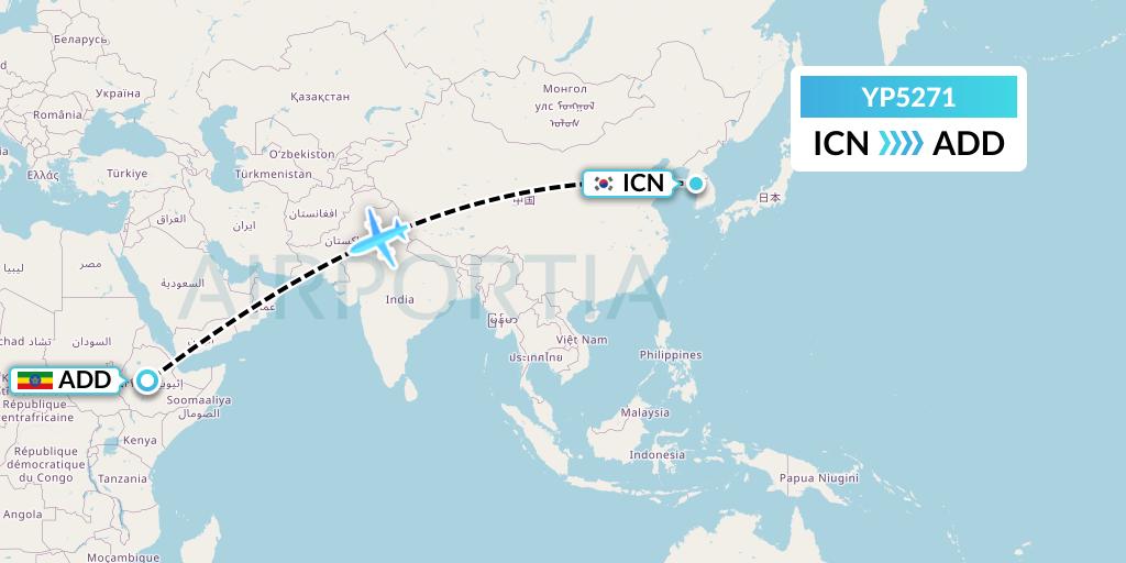 YP5271 Air Premia Flight Map: Seoul to Addis Ababa