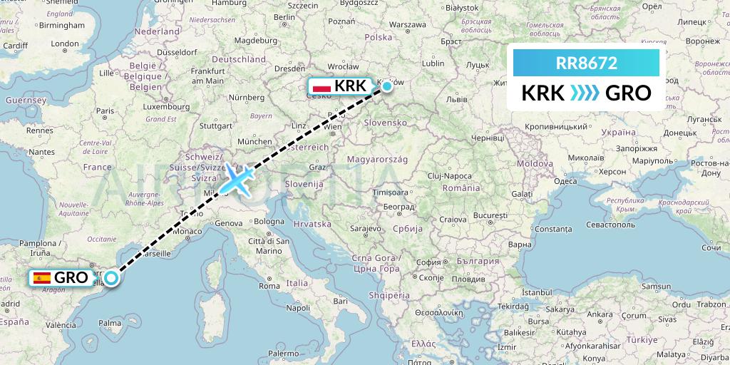 RR8672 Royal Air Force Flight Map: Krakow to Girona