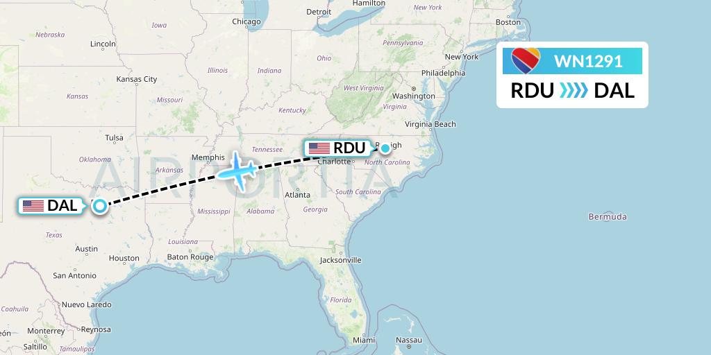 WN1291 Southwest Airlines Flight Map: Raleigh-Durham to Dallas