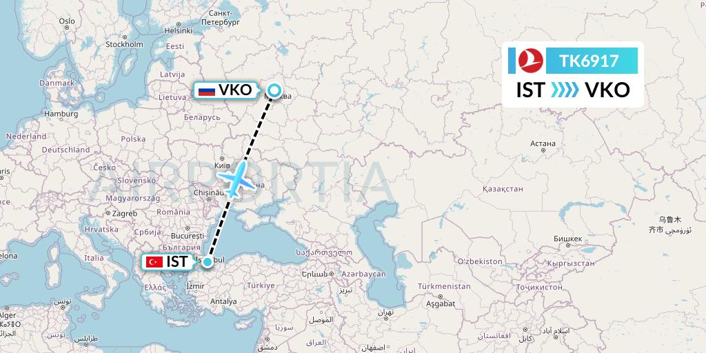 TK6917 Turkish Airlines Flight Map: Istanbul to Moscow