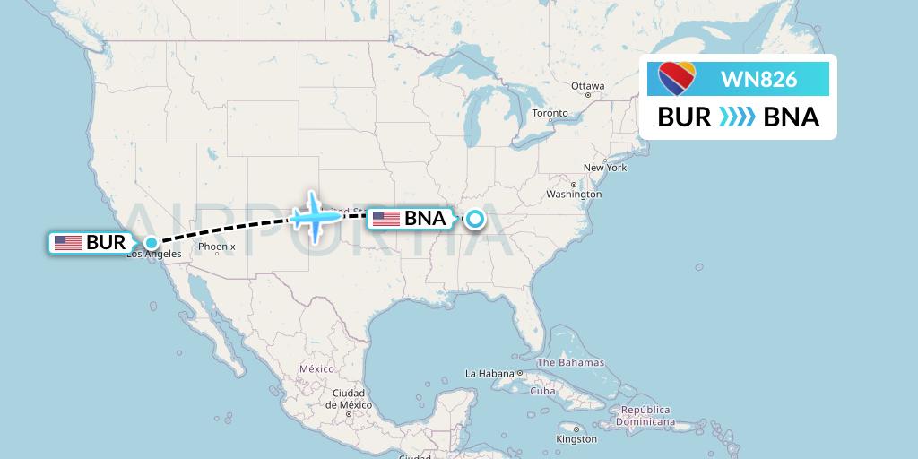 WN826 Southwest Airlines Flight Map: Burbank to Nashville