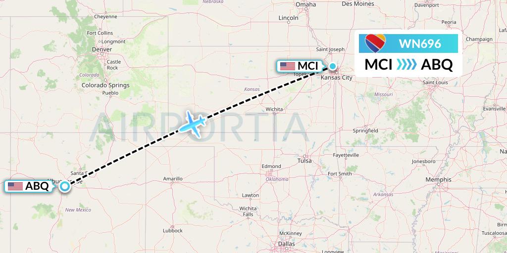 WN696 Southwest Airlines Flight Map: Kansas City to Albuquerque