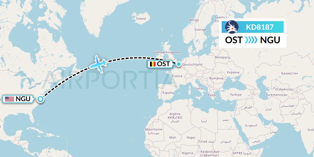 KD8187 KalStar Aviation Flight Map: Ostend to Norfolk