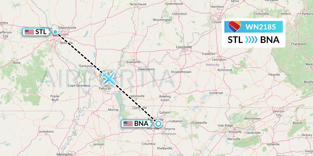 WN2185 Southwest Airlines Flight Map: St. Louis to Nashville
