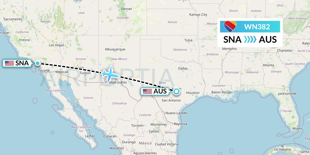 WN382 Southwest Airlines Flight Map: Orange County to Austin